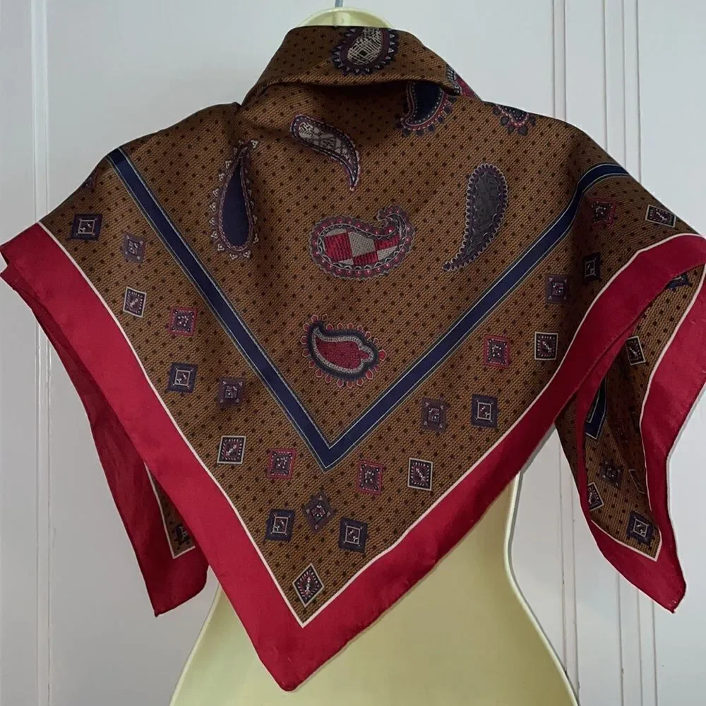 Vintage mid Century maroon, navy blue & tan paisley‎ large square scarf